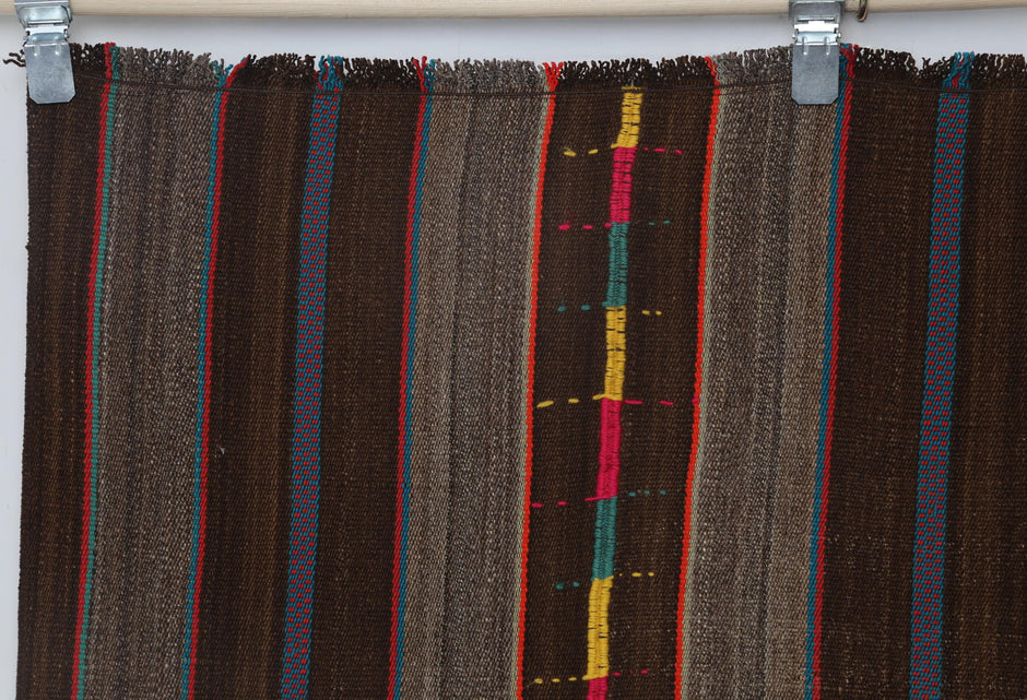 6x8 Vintage Striped Kilim Rug, Brown Handmade Wool Turkish Area Rug, Rustic Tribal Floor Carpet