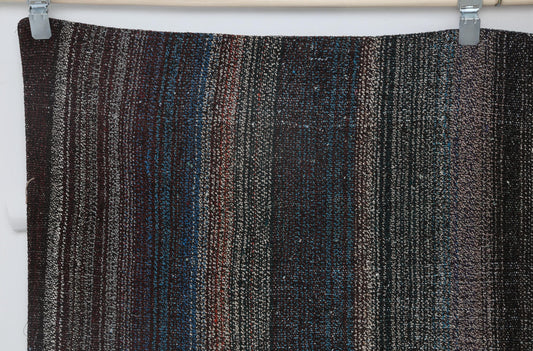 7x8 Vintage Flatweave Striped Rug, Multicolor Handmade Wool Cotton Kilim, Dark Neutral Turkish Area Rug
