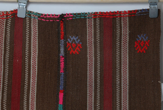 5x7 Vintage Turkish Kilim Rug, Brown Red Striped Wool Rug, Handmade Tribal Flatweave Area Rug