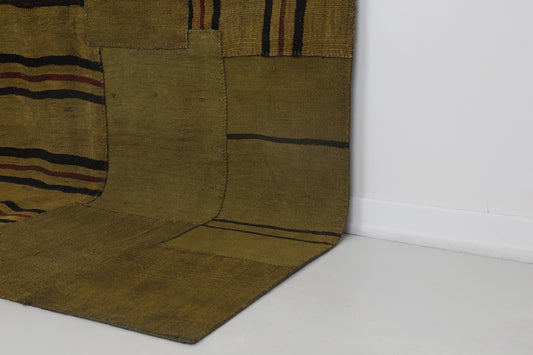 6x8 Vintage Hemp Patchwork Rug, Mustard Handmade Turkish Area Rug, Minimal Rustic Patchwork Carpet