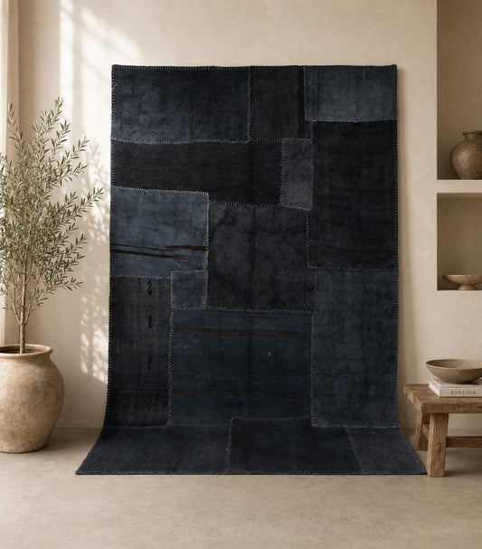 5x7 Vintage Hemp Patchwork Rug, Blue Handmade Turkish Area Rug, Minimal Rustic Floor Decor