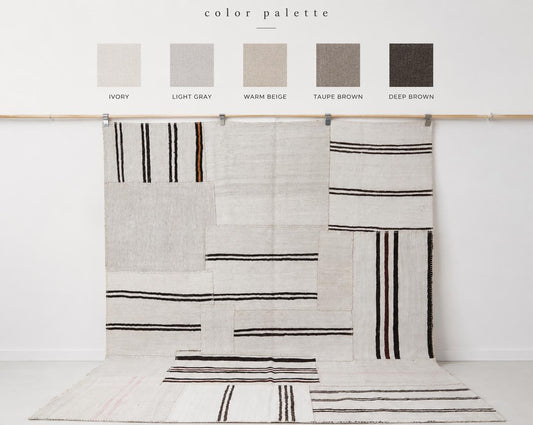 7x10 Vintage Turkish Hemp Patchwork Rug, White Black Striped Handmade Kilim, Minimal Flatweave Area Rug