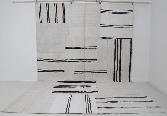 7x10 Vintage Turkish Hemp Patchwork Rug, White Black Striped Handmade Kilim, Minimal Flatweave Area Rug