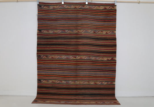 5x7 Vintage Turkish Kilim Rug, Red Striped Flatweave Area Rug, Handmade Wool Cotton Tribal Decor