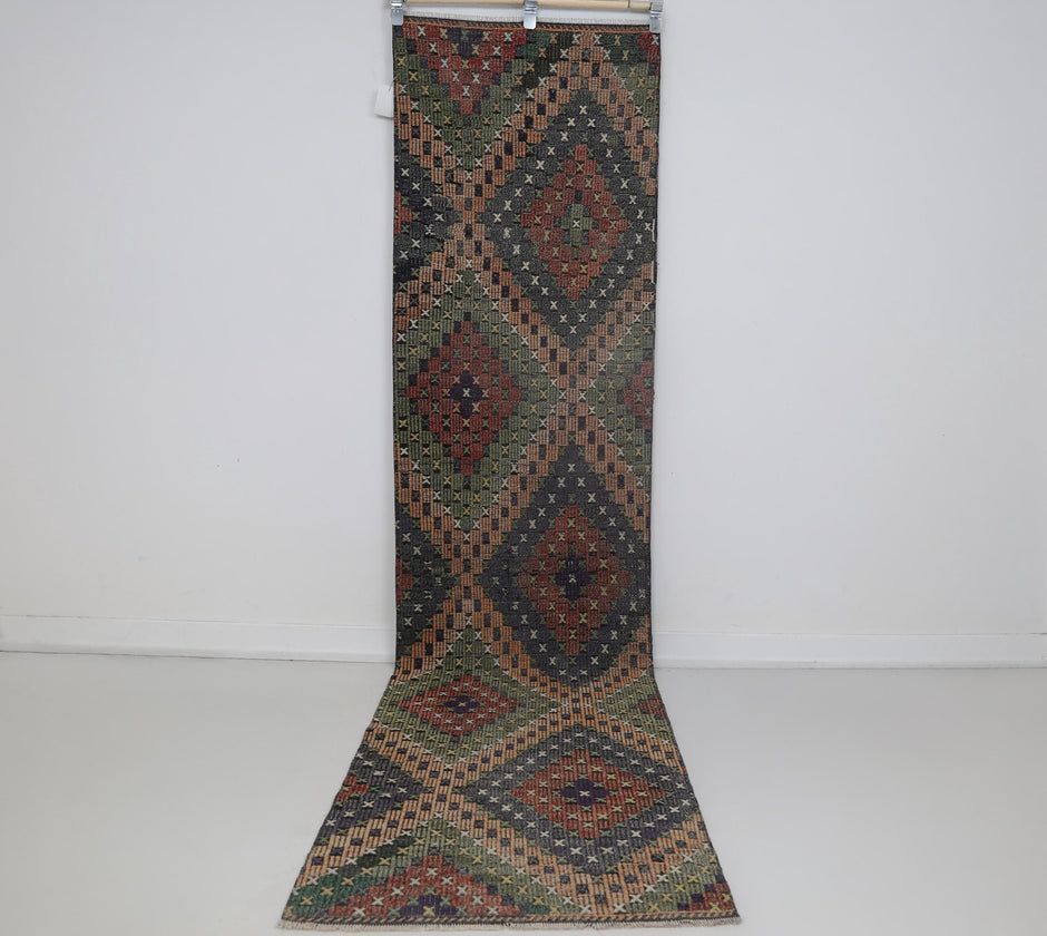 2x10 vintage Turkish kilim runner rug, multicolor oriental hallway rug