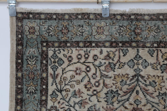 4x7 Vintage Turkish Floral Rug, Beige Green Wool Cotton Runner, Handmade Distressed Traditional Area Rug