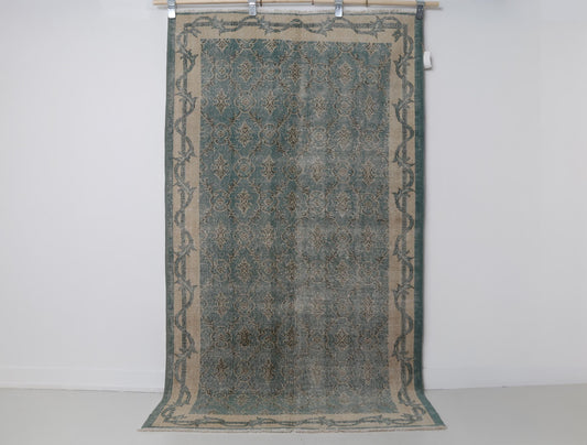 4x7 Vintage Turkish Floral Runner Rug, Green Beige Distressed Wool Cotton Hallway Rug, Handmade Traditional Decor