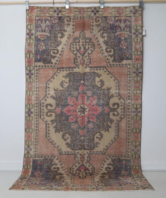 4x7 Vintage Turkish Medallion Rug, Multicolor Distressed Wool Cotton Area Rug, Handmade Traditional Anatolian Decor