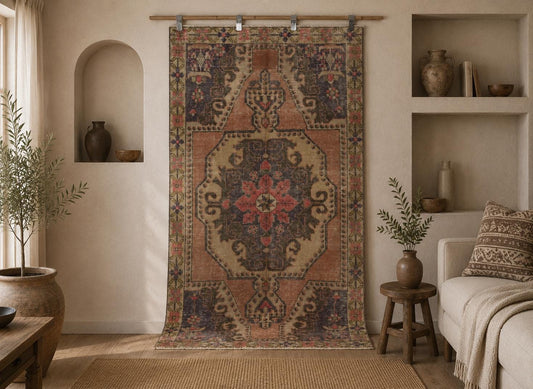 4x7 Vintage Turkish Medallion Rug, Multicolor Distressed Wool Cotton Area Rug, Handmade Traditional Anatolian Decor
