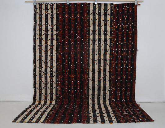 6x8 Vintage Kilim Curtain Rug, Red Black Striped Handmade Flatweave, Boho Wool Cotton Area Rug