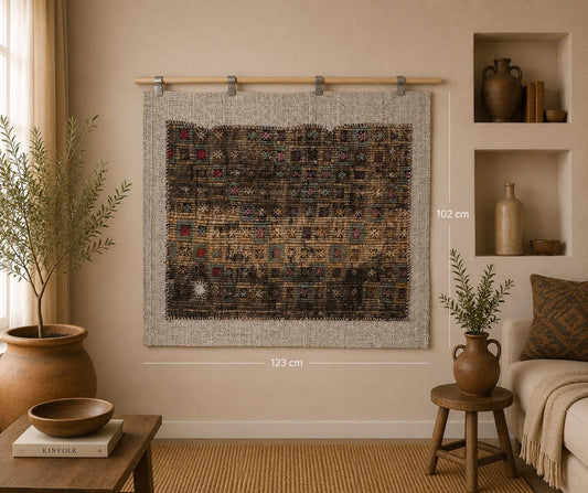 3x4 Vintage Turkish Tapestry Rug, Brown Beige Wool Wall Hanging, Handmade Textile Fiber Art