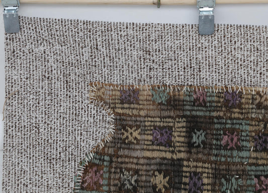 3x4 Vintage Turkish Tapestry Rug, Brown Beige Wool Textile Wall Hanging, Handmade Rustic Fiber Art