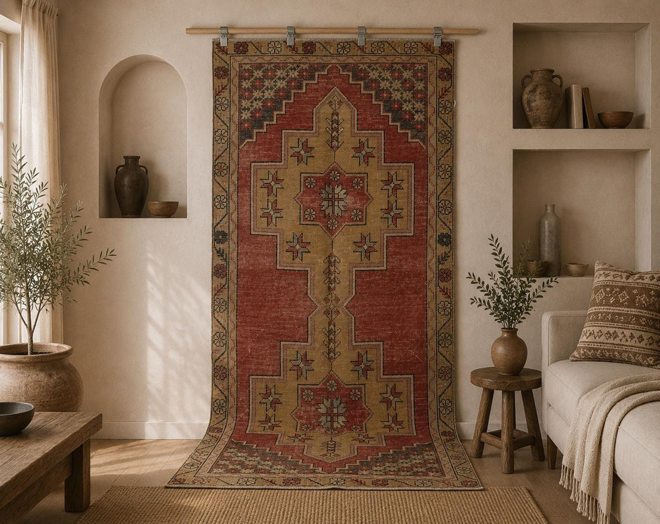 4x8 vintage Turkish oriental runner rug, red yellow hallway rug