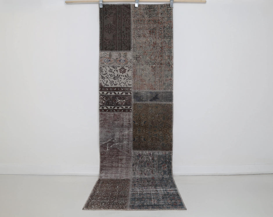 2x8 Vintage Patchwork Runner Rug, Brown Beige Handmade Hallway Rug, Wool Cotton Flatweave Carpet