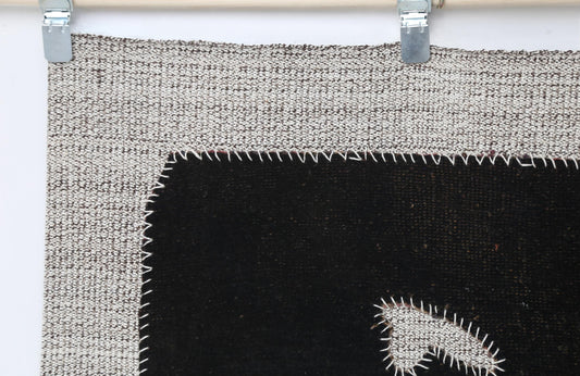3x4 Vintage Turkish Tapestry Rug, Black Minimalist Wall Hanging, Handmade Flatweave Textile Art