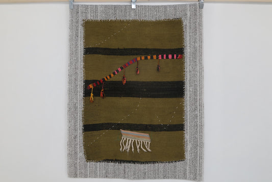 3x4 Vintage Turkish Tapestry Rug, Green Black Hemp Wool Wall Hanging, Handmade Minimal Textile Art