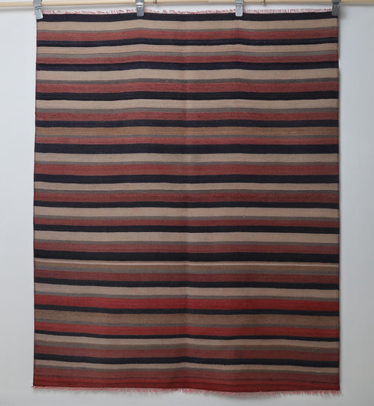 4x5 Vintage Turkish Kilim Rug, Multicolor Striped Handmade Wool Area Rug, Boho Flatwoven Tribal Decor