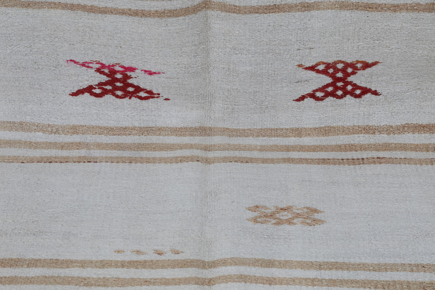 7x10 Vintage Hemp Wool Rug, White Beige Turkish Flatweave Rug with Tribal Motifs, Handmade Neutral Area Rug