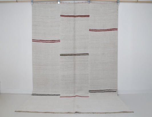 5x8 Vintage Hemp Wool Rug, Minimal White Turkish Flatweave Rug with Red Black Stripes, Handmade Neutral Area Rug