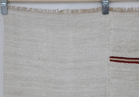 5x8 Vintage Hemp Wool Rug, Minimal White Turkish Flatweave Rug with Red Black Stripes, Handmade Neutral Area Rug