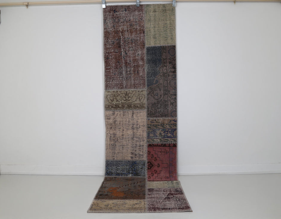 2x8 vintage Turkish patchwork runner rug, multicolor boho hallway runner