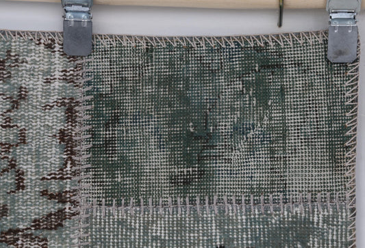 2x6 Vintage Patchwork Runner Rug, Green Turkish Hallway Runner, Handmade Wool Cotton Narrow Rug