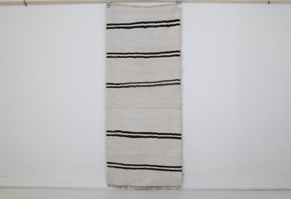 2x6 vintage Turkish hemp runner rug, white and black striped hallway rug