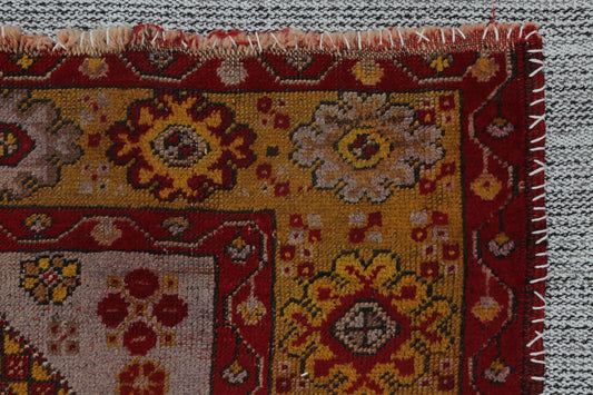 3x4 Vintage Wool Tapestry Rug, Red Yellow Tribal Wall Hanging, Handmade Anatolian Textile Decor