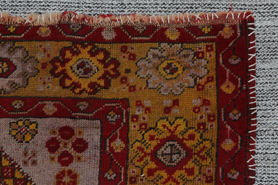 3x4 Vintage Wool Tapestry Rug, Red Yellow Tribal Wall Hanging, Handmade Anatolian Textile Decor