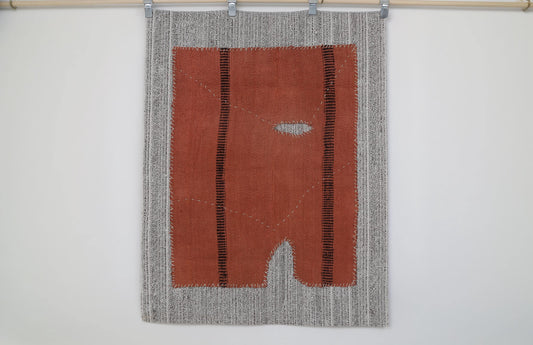 3x4 Vintage Hemp Tapestry Rug, Orange Minimal Wall Hanging, Handmade Woven Textile Decor