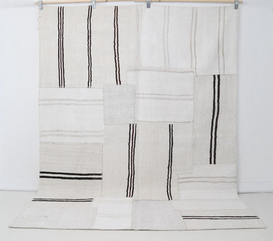 6x8 Vintage Turkish Hemp Patchwork Rug, White Black Flatweave Area Rug, Handmade Minimal Decor