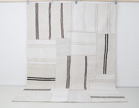 6x8 Vintage Turkish Hemp Patchwork Rug, White Black Flatweave Area Rug, Handmade Minimal Decor