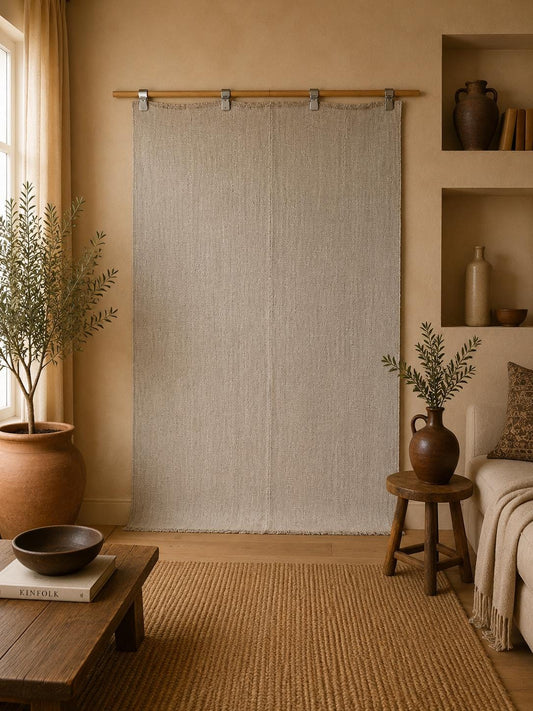 5x7 Vintage Turkish Hemp Rug, White Minimal Flatweave Area Rug, Handmade Natural Woven Decor