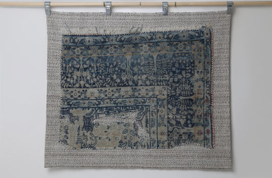 3x4 Vintage Turkish Tapestry Rug, Blue Beige Textile Wall Hanging, Handmade Flatweave Decor