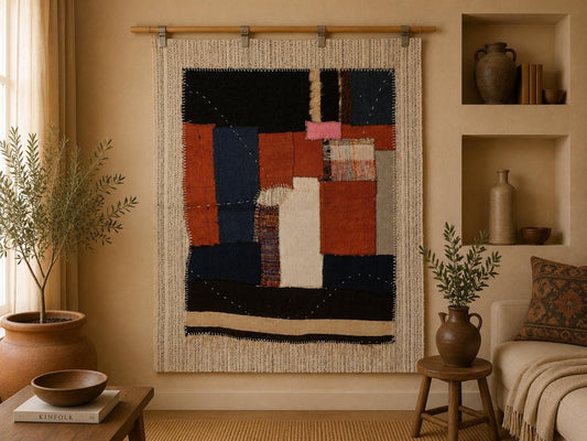 3x4 Vintage Turkish Tapestry Rug, Abstract Hemp Wool Wall Hanging, Handmade Textile Fiber Art Decor