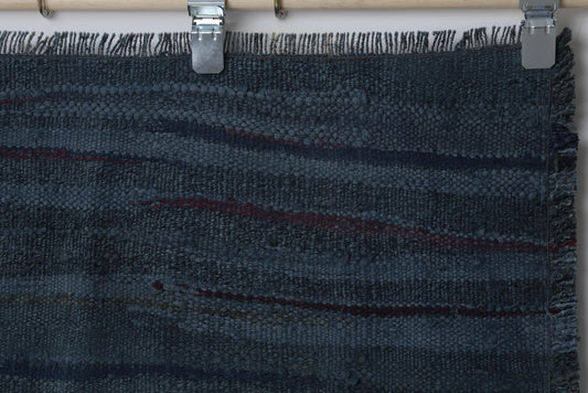 3x3 Vintage Kilim Caput Rug, Deep Blue Striped Turkish Wool Cotton Rug, Handmade Minimal Rustic Area Rug