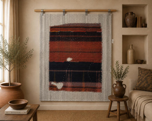 3x4 Vintage Turkish Tapestry Rug, Orange Blue Textile Wall Hanging, Handmade Fiber Art Decor