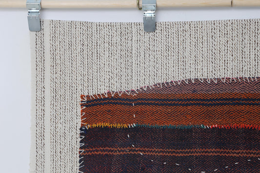 3x4 Vintage Turkish Tapestry Rug, Orange Blue Textile Wall Hanging, Handmade Fiber Art Decor
