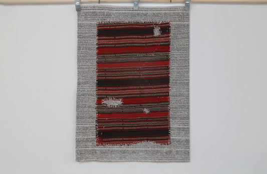 2x3 Vintage Wool Tapestry Rug, Red and Black Striped Wall Hanging, Handmade Textile Art