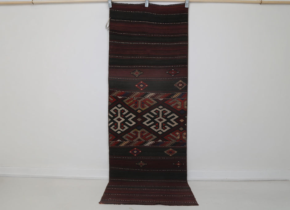 2x7 Vintage Turkish Kilim Runner Rug, Red and Black Wool Hallway Rug, Handmade Tribal Striped Long Runner