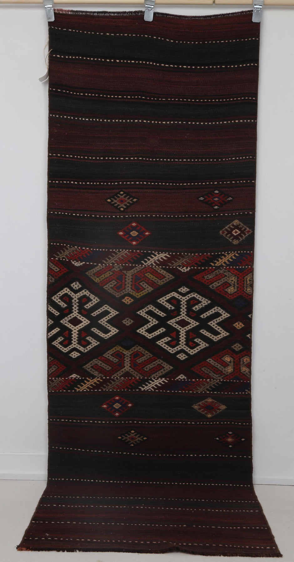 2x7 Vintage Turkish Kilim Runner Rug, Red and Black Wool Hallway Rug, Handmade Tribal Striped Long Runner
