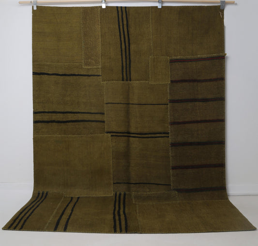 6x8 Vintage Hemp Patchwork Rug, Mustard Turkish Area Rug, Handmade Minimal Flatwoven Kilim Decor