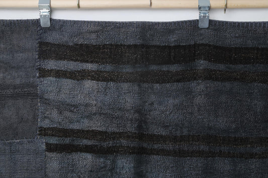 6x8 Vintage Hemp Patchwork Rug, Dark Blue Handmade Turkish Area Rug, Minimal Flatwoven Rustic Home Decor