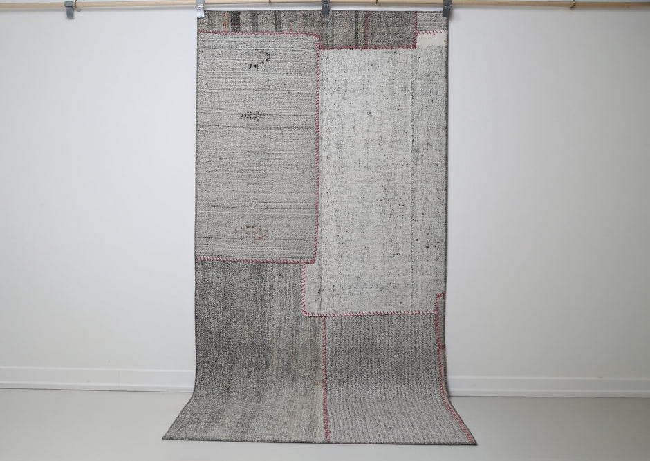 4x7 vintage Turkish flatweave patchwork rug, white black minimal hallway runner