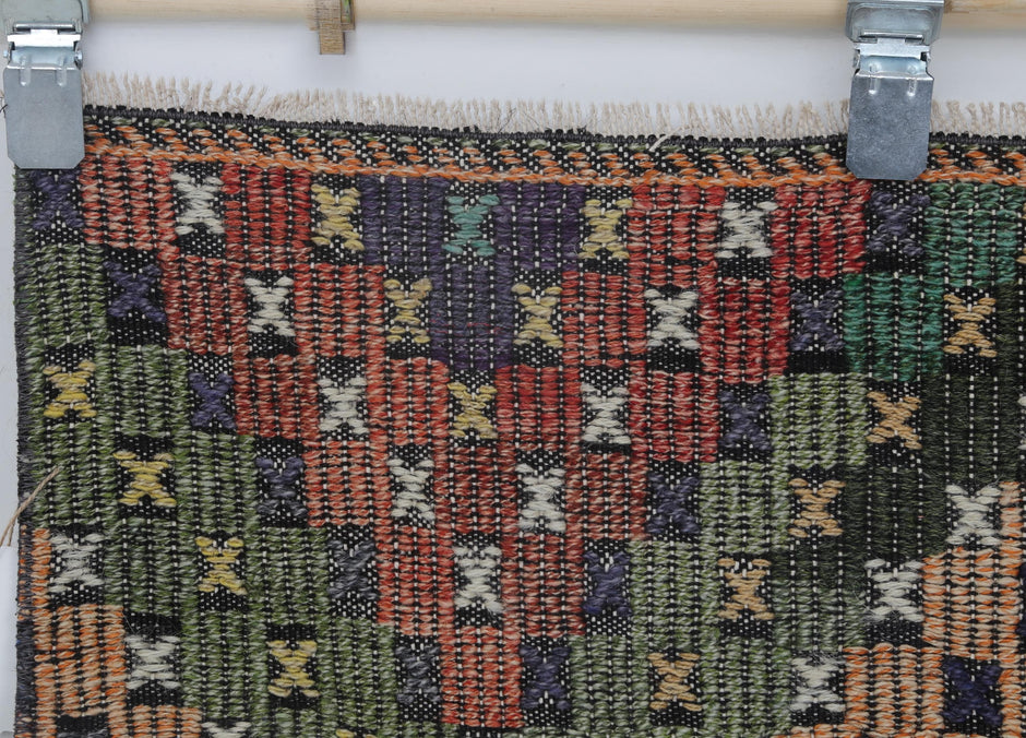Tribal geometric texture detail on handmade wool cotton runner