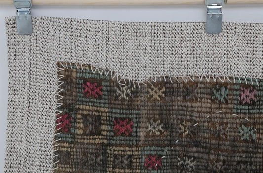 3x4 Vintage Turkish Tapestry Rug, Brown Beige Wool Wall Hanging, Handmade Textile Fiber Art