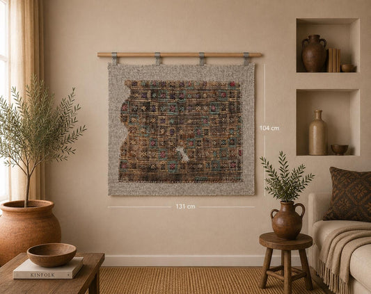 3x4 Vintage Turkish Tapestry Rug, Brown Beige Wool Textile Wall Hanging, Handmade Rustic Fiber Art