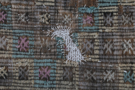 3x4 Vintage Turkish Tapestry Rug, Brown Beige Wool Textile Wall Hanging, Handmade Rustic Fiber Art