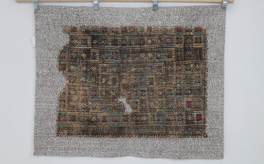 3x4 Vintage Turkish Tapestry Rug, Brown Beige Wool Textile Wall Hanging, Handmade Rustic Fiber Art