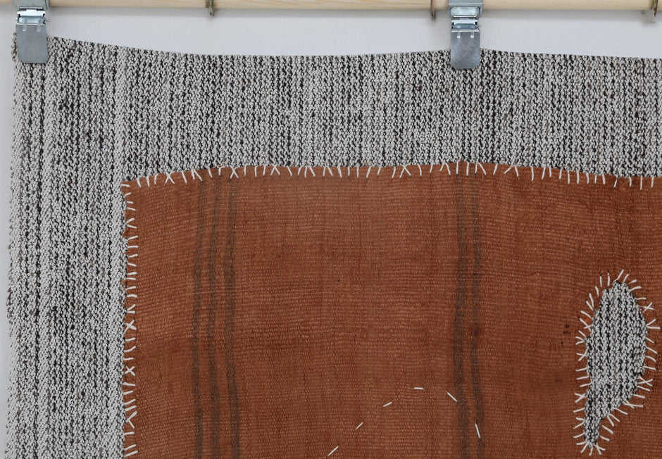 3x4 Vintage Hemp Tapestry Rug, Handmade Orange Minimal Wall Hanging, Rustic Fiber Textile Decor